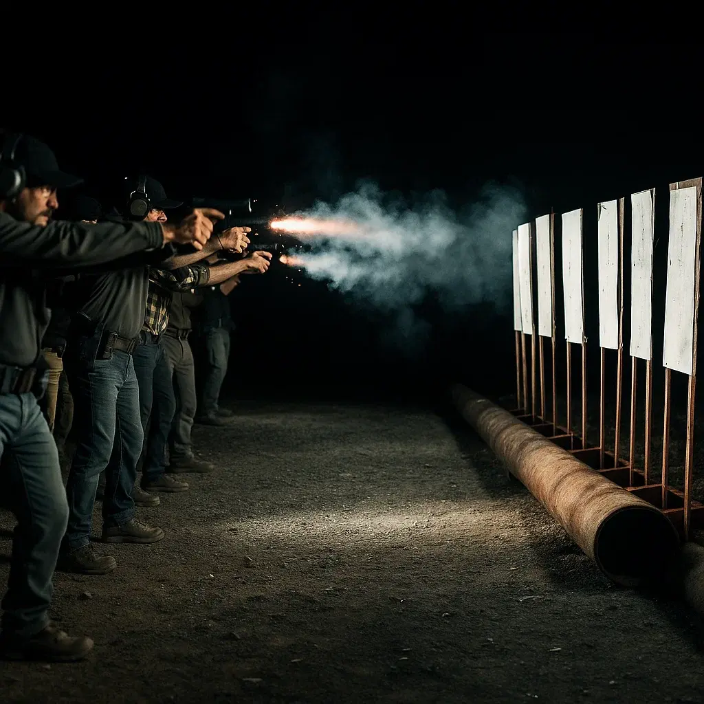 Line of shooters engaging targets during a night live‑fire exercise